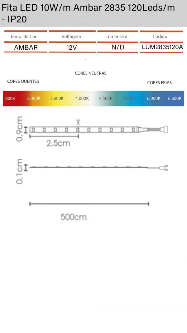 Fita LED 10Wm 2835 120Ledsm Ambar - IP20